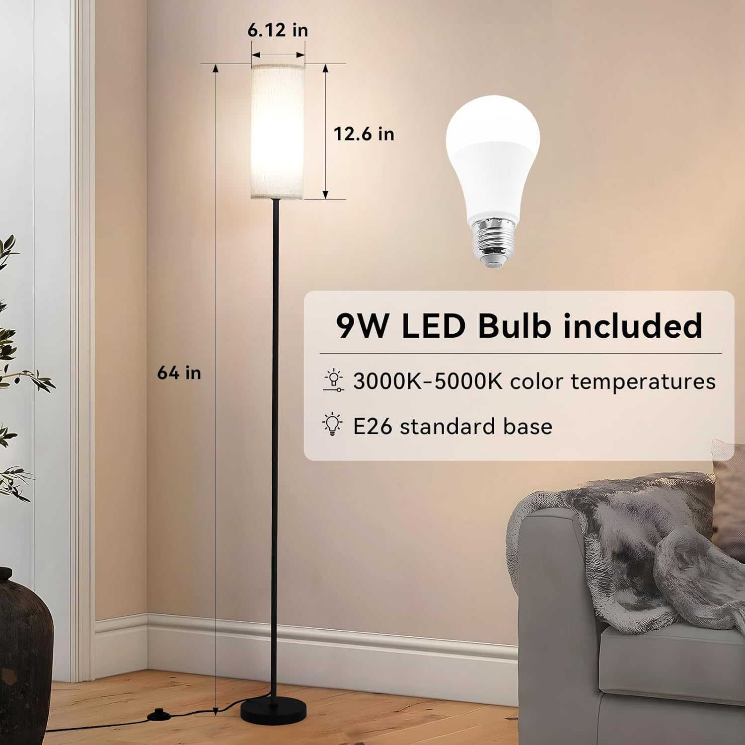LED Floor Lamp for Living Room,Dimmable Standing Lamps with Foot Switch,3 Color Temperature Black Pole Lamp with Lampshade,Corner Floor Lamp for Bedroom Office Kid Room image number 1