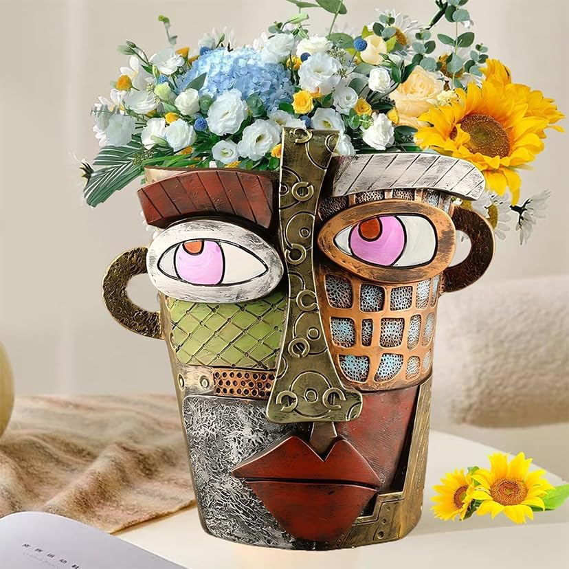 Picasso Brutalist Abstract Face Planters Pots Head, Unique Abstract Flower Pot, Funny Planters Decoration Flower Resin Face Flower Pot for Indoor and Outdoor Plants Colorful Funny Room Decor (Retro) image number 4