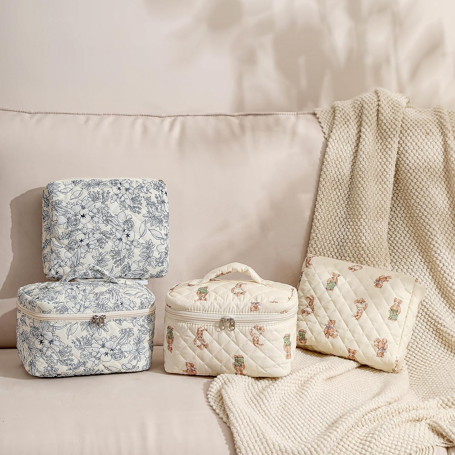 Uekeboag 2 Pcs Large Floral Quilted Makeup Bag Set for Women, Cotton Quilted Big Cosmetic Bag, Coquette Aesthetic Cute Travel Toiletry Bag, 01White Bear - 3Pcs Dot Bear image number 5