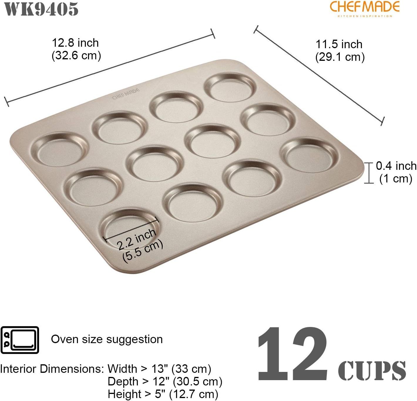 CHEFMADE Whoopie Cake Pan, 12-Cavity Non-Stick Muffin Pan Whoopie Cookie Biscuit Bakeware for Oven Baking (Champagne Gold) image number 5
