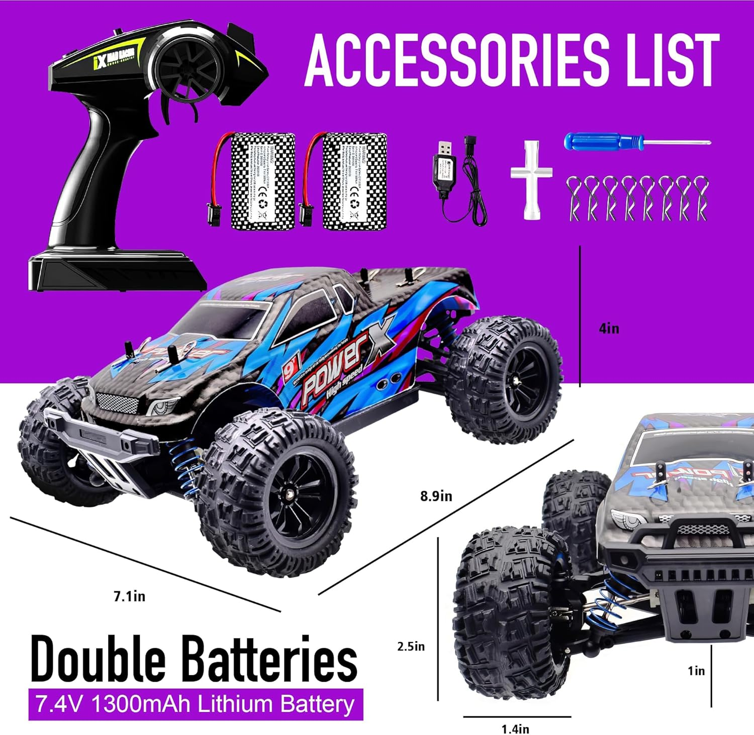 RC Cars 1:18 Scale Remote Control Car, 4WD High Speed 40+ Km/H off Road RC Monster Vehicle Truck, All Terrains Electric Toy Trucks with Two Rechargeable Batteries for Boys Kids and Adults&hellip;&hellip; image number 3