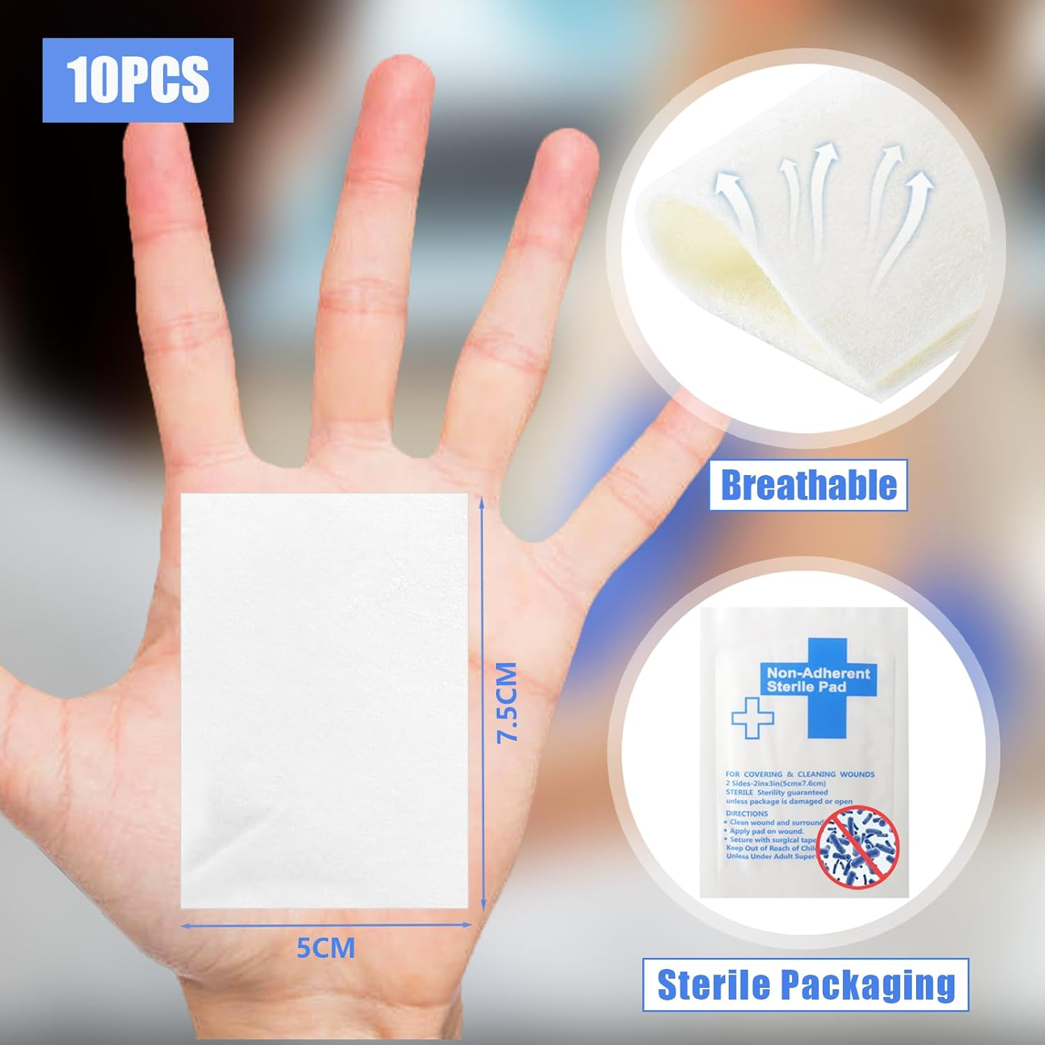 Non-Stick Wound Dressing Pads, 5 CM X 7.5 CM, Pack of 10, Sterile Highly Absorbent Wound Care Individually Wrapped Dressings image number 6