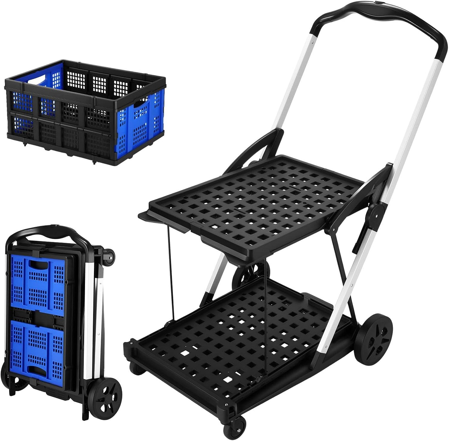 Folding Shopping Cart Trolley with Storage Crates Two Tier Collapsible Cart with Rolling Swivel Wheels for Shopping Picnic and Office image number 6