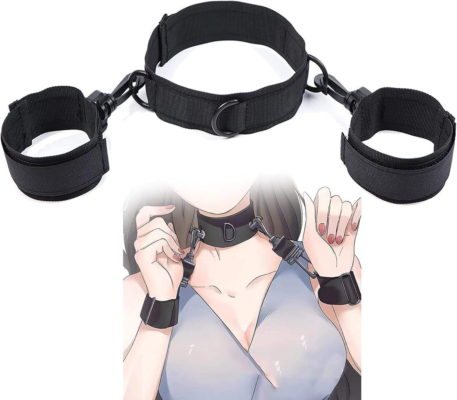 HABOWN BDSM Collar with Handcuffs Set - Erotic Fetish Neck and Back Slave Sex Toy - Black, One Size image number 2