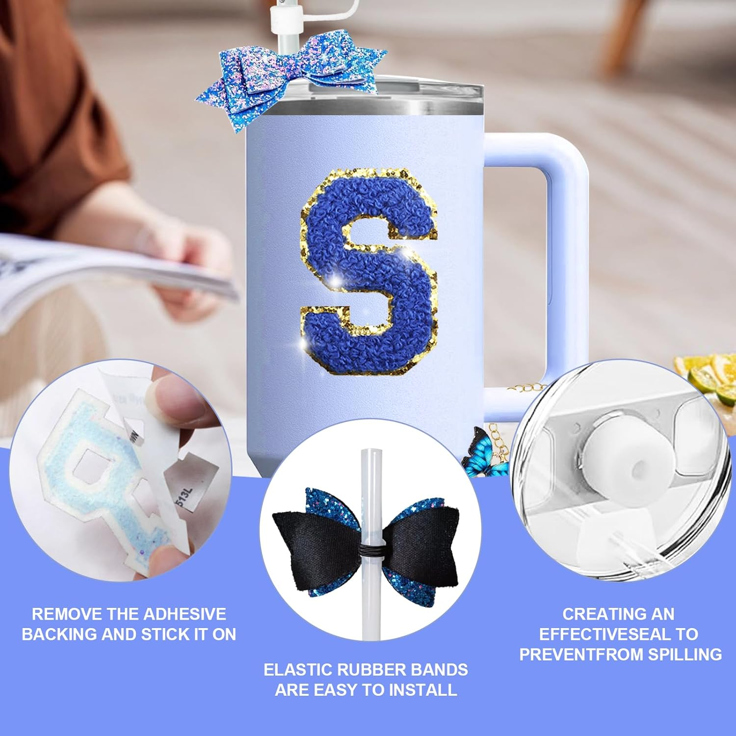 8-Piece Charms Silicone Stanley Cup Accessories Set Including Adorable Sparkling Bow Straw Topper, Protective Cup Boots, Anti-Spill Plugs, Decorative Handle, and Personalized Initial Stickers (S) image number 5