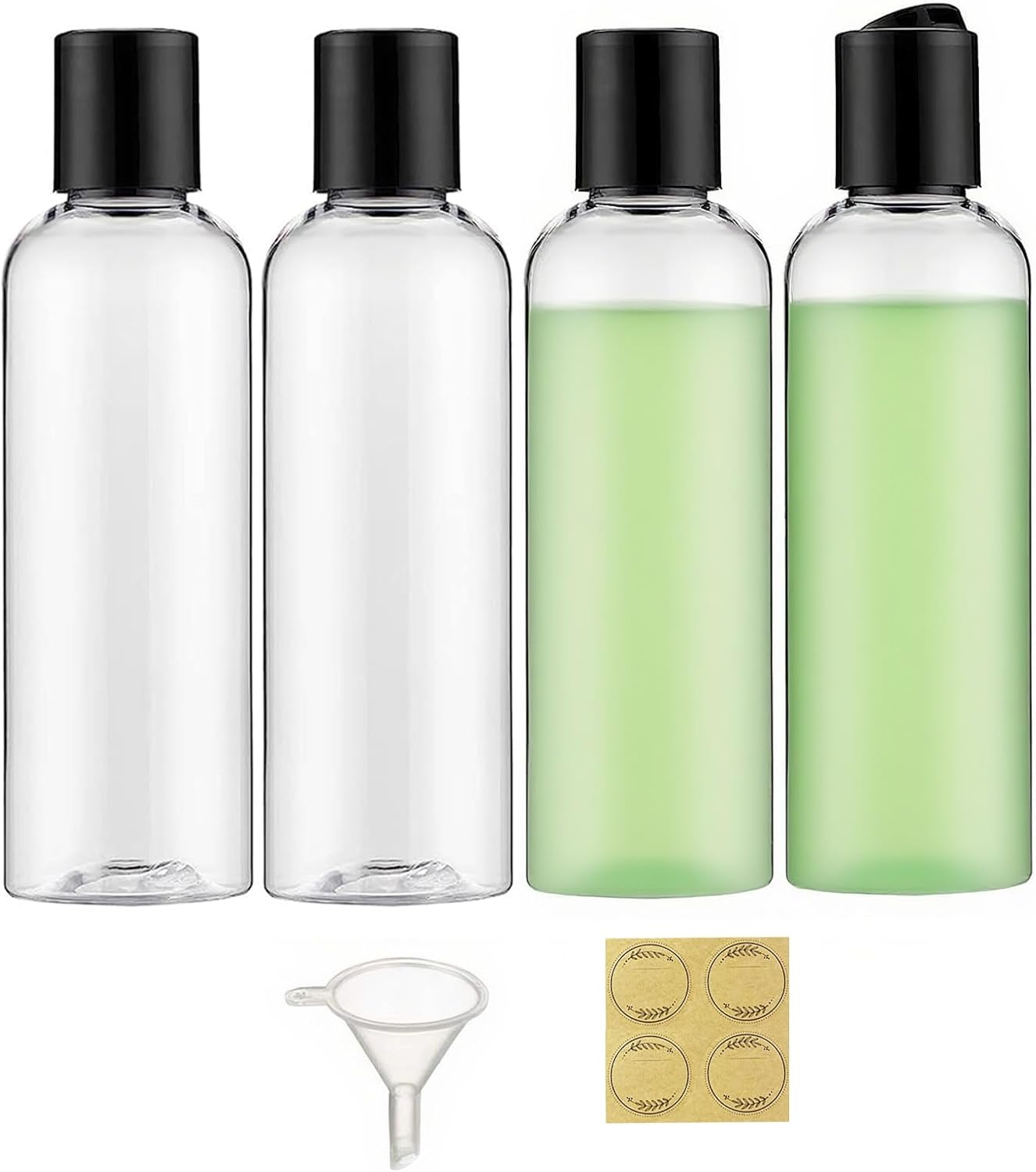 4PCS 150ML Plastic Bottles with Disc Top Flip Cap Empty Squeeze Bottles Clear Refillable Travel Container Dispensing with Funnel & Label for Liquids Lotion Shampoo Toiletries Cosmetic image number 3