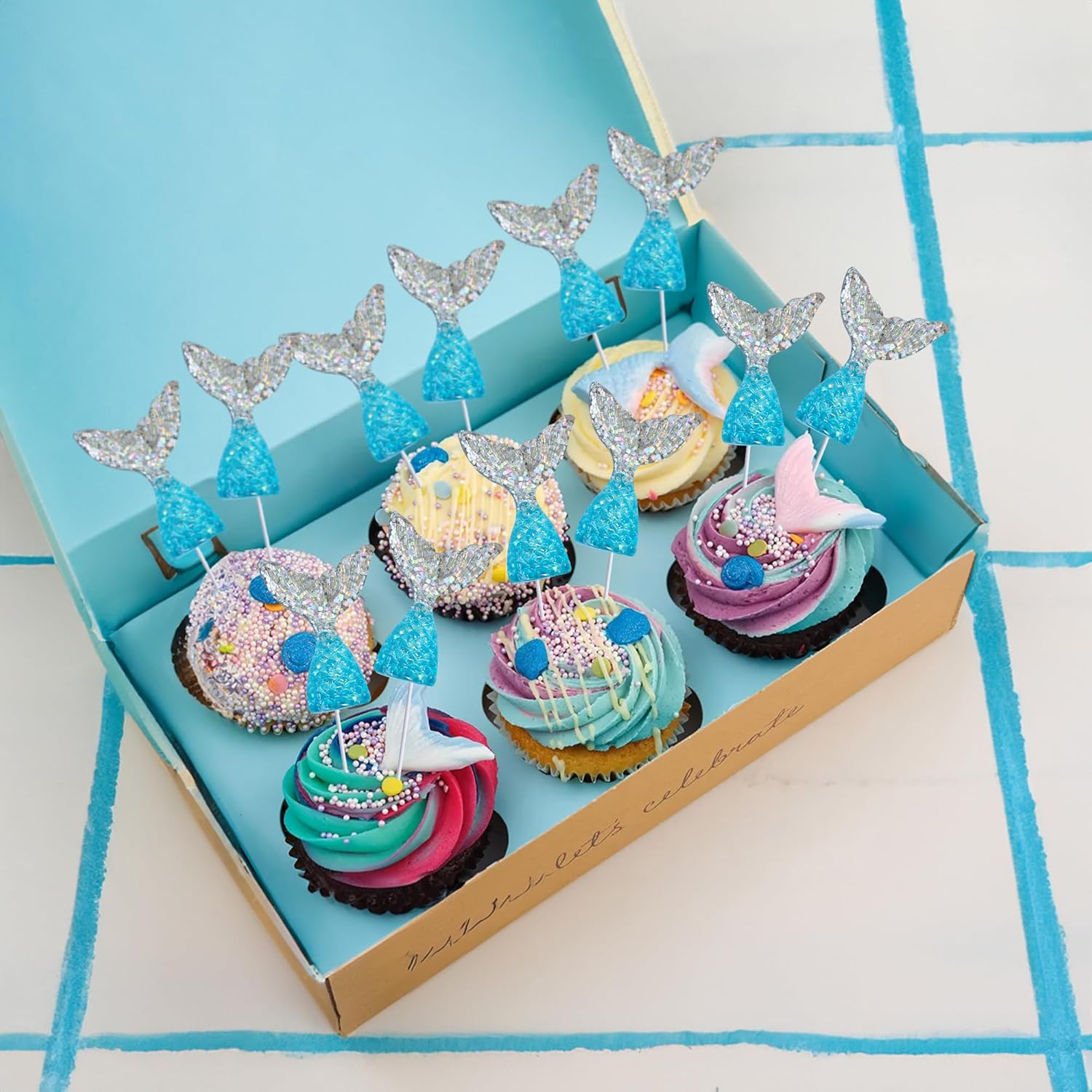 Ephlyn 24Pcs Acrylic Mermaid Tails Cupcake Toppers Mini Wrappers Mermaid Tail Figurines Cake Decorations for Mermaid Party Birthday Party Baby Shower Party Supplies Favors Blue Silver image number 3