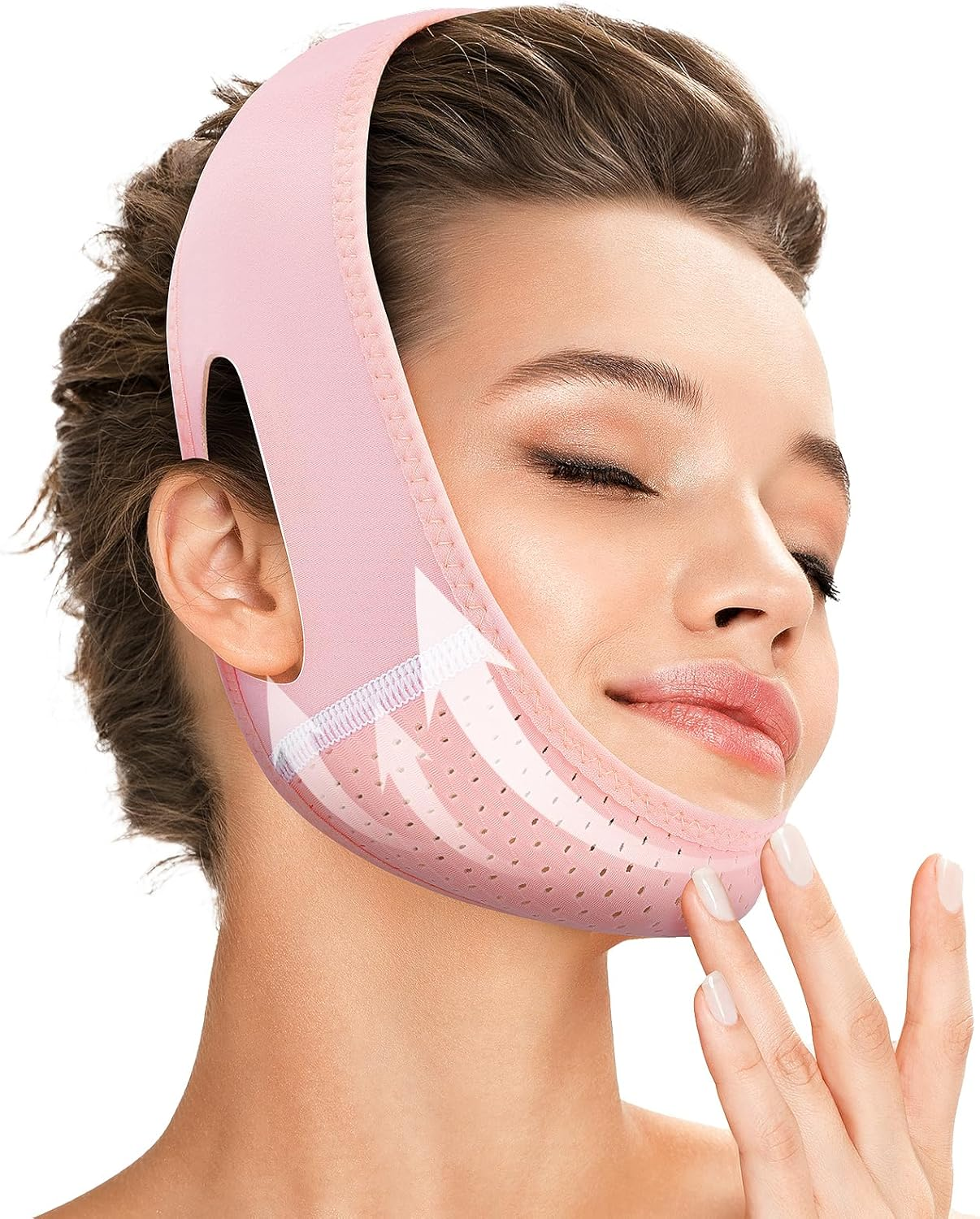 Juskaa Reusable V Line Lifting Mask with Chin Strap for Sleeping,Face Lift Prevent Sagging, Jaw Exerciser,Light Pink,M