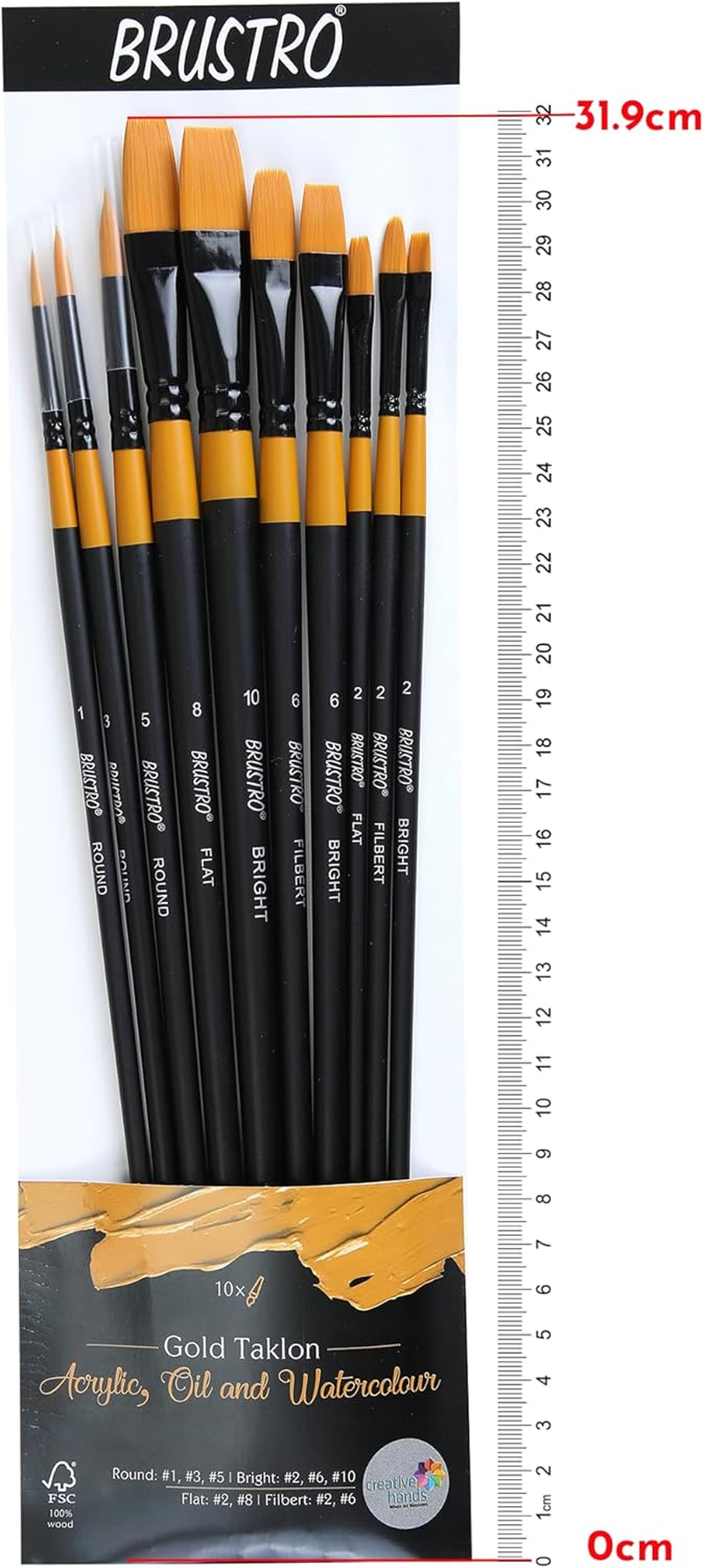 BRUSTRO Artists Gold Taklon Brushes Set of 10| Ideal for Acrylics, Oil Paintings, Watercolour | Long Handle, Bright, Filbert, Flat, Round, Professional Art, School, Office Use. image number 5