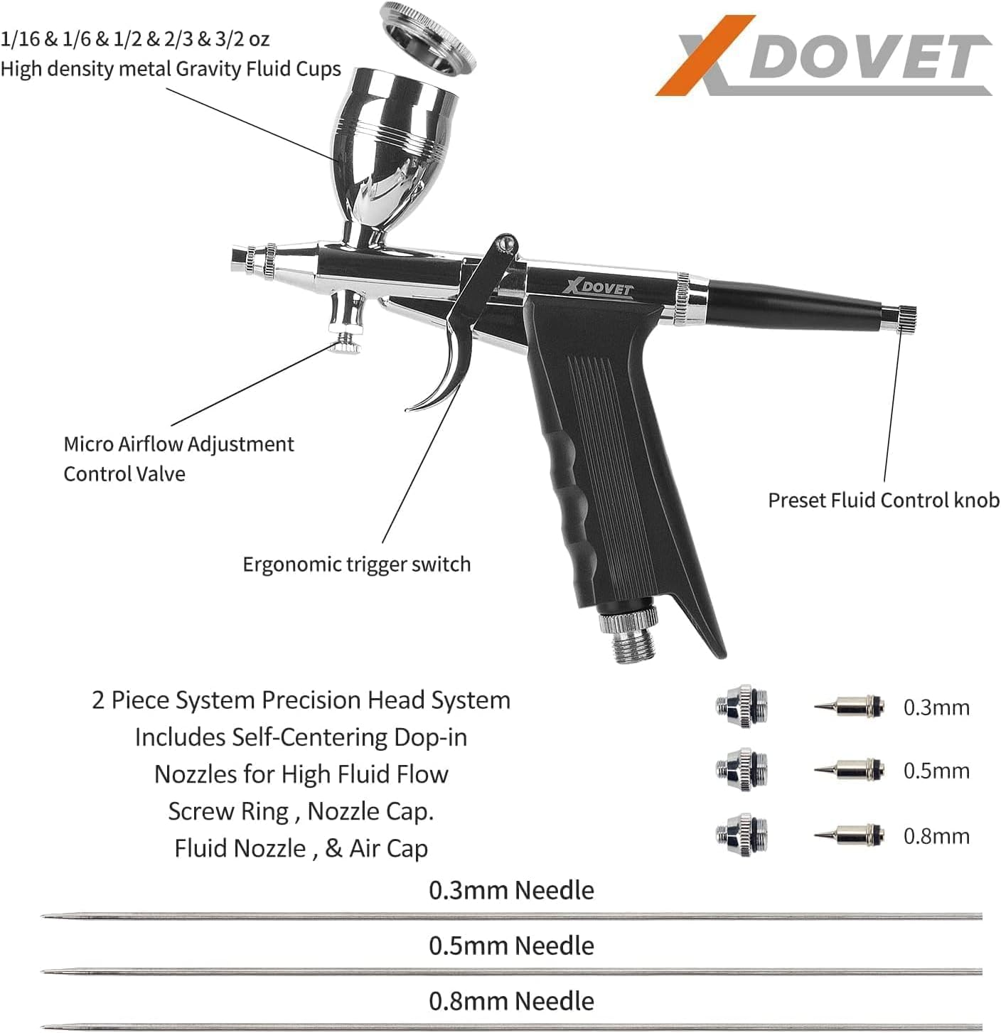 XDOVET Airbrush Use with Compressor - Dual Action Air Brush Set with Trigger Switch - Paint Cups, Nozzles, Needles and Hose inside for Tattoo, Makeup, Nail, Model, Art Hobby image number 2