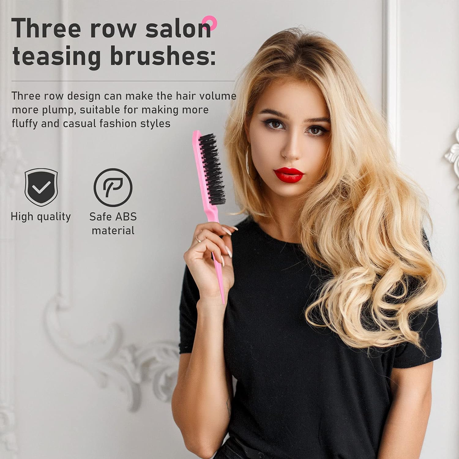 Remerry 12 Pieces Hair Brush Set, Nylon Teasing Hair Brushes 3 Row Salon Teasing Brush, Double Sided Edge Smooth Comb Grooming, Rat Tail Combs with Duckbill Clips for Women(Pink) image number 4