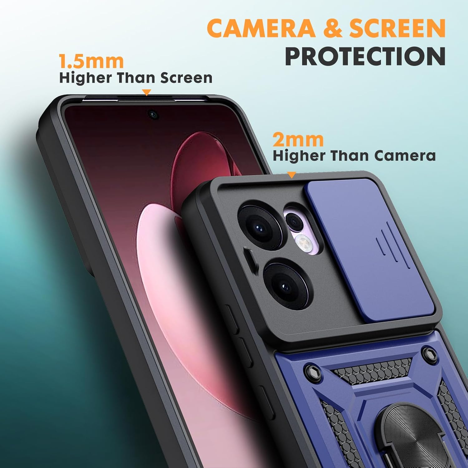 Oududianzi - Case for Oppo Reno 13 F 4G/5G Mobile Phone Case, [Pack of 2 Screen Protectors] with Sliding Camera Cover, Rotating Finger Ring Stand, Shockproof, Scratch-Resistant Protective Case - Blue