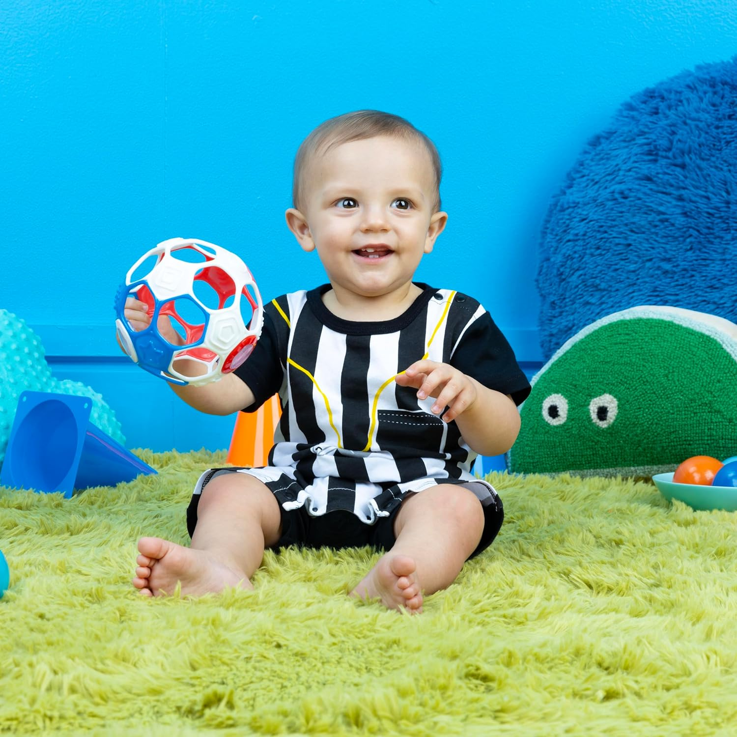 Bright Starts Oball Grippin' Goals Rattle Soccer Ball - Red, White & Blue, Easy-Grasp Toy for Newborn and Up image number 1