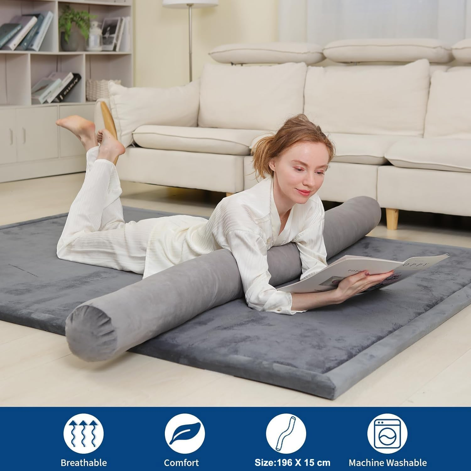 Long Body Pillow for Adults,Full Body Pillow with Velvet Pillowcase,Round Bolster Pillow for Sleeping,Hug Pillow (Grey, 196&times;15 Cm) image number 5