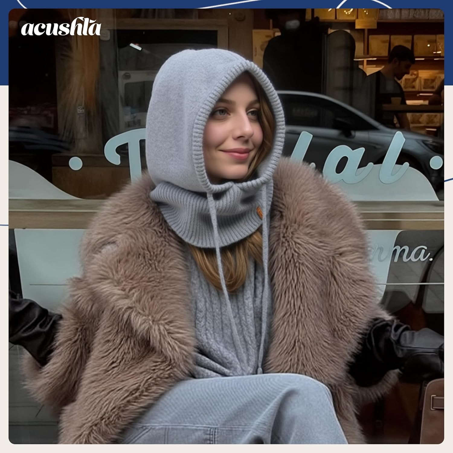 ACUSHLA 100% Merino Wool Balaclava for Women & Men Winter Warm Knit Hooded Scarf Hoodie Hat and Scarf Set in One - Coffee image number 5