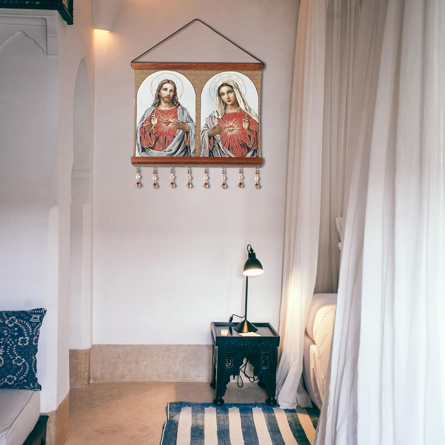 HZMAN Jesus and Virgin Mary Painting Retro Handmade Weave Wall Art Decor Sacred Heart Aesthetic Picture for Living Room Bedroom Wood Framed 16X12.5 Inch - Holy Family-1 image number 2