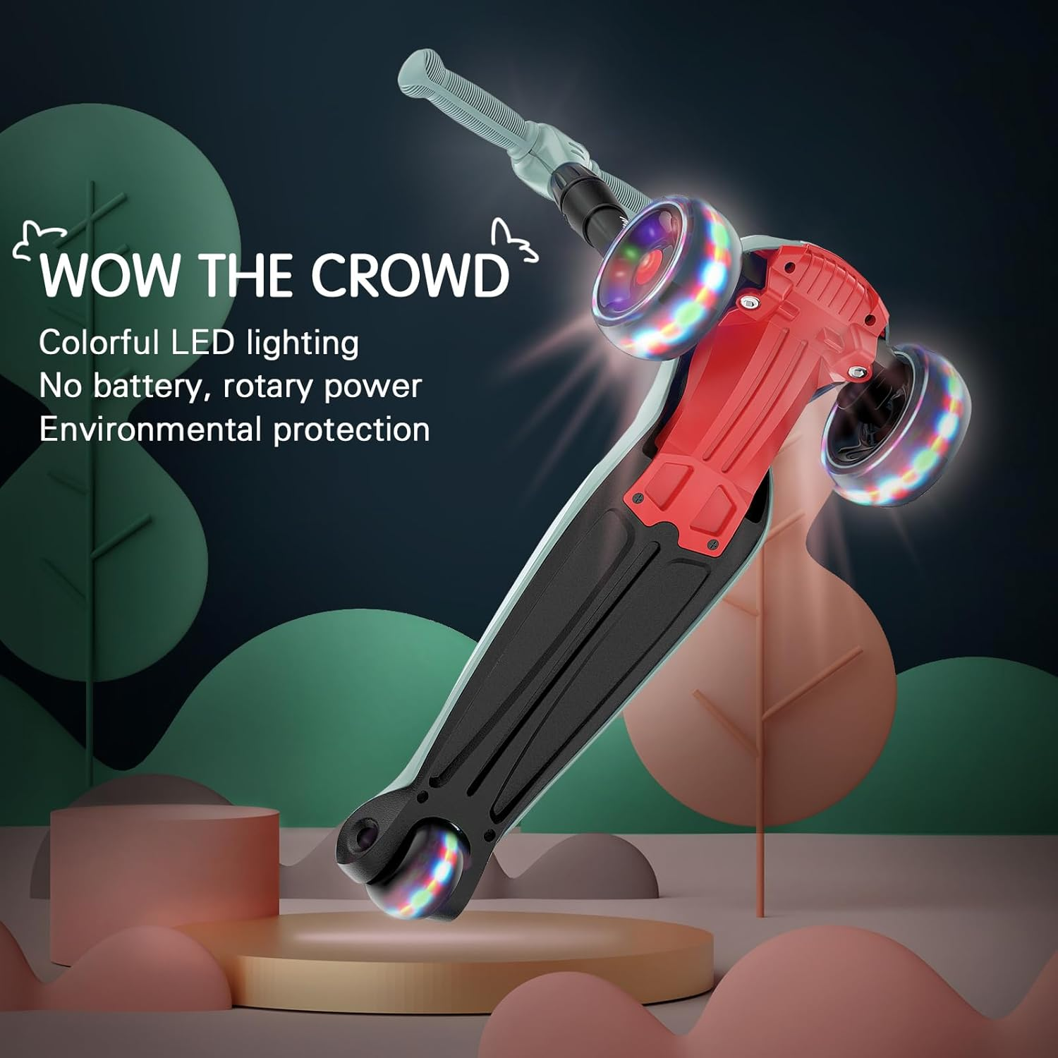 LOL-FUN Toddler Scooter for Kids Ages 3-12 Years Old Boy Girl with 3 Wheel LED Lights, Extra-Wide Childrens Foldable Kick Scooter Kids Ages 3-5 with 4 Adjustable Height and Lean-To-Steer - Mint Green image number 3