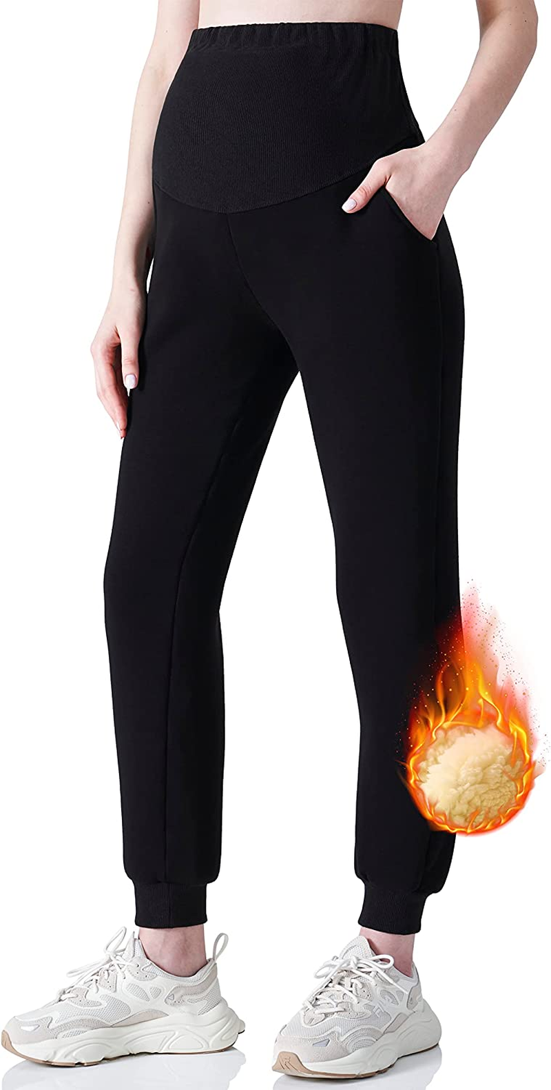 POSHDIVAH Women'S Maternity Fleece Lined Pants over the Belly Pregnancy Thick Warm Winter Lounge Pajama Workout Joggers image number 3