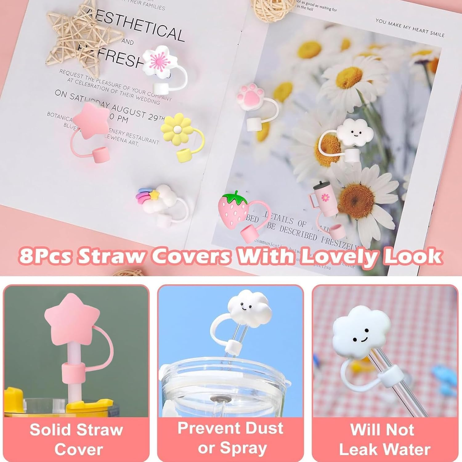 Straw Covers for Stanley Cup, 10Mm Dust-Proof Silicone Straw Toppers, Reusable Straws Cover Cap - 40/30 Oz Stanley Accessories.(8 PCS) - Rose-Pink image number 4