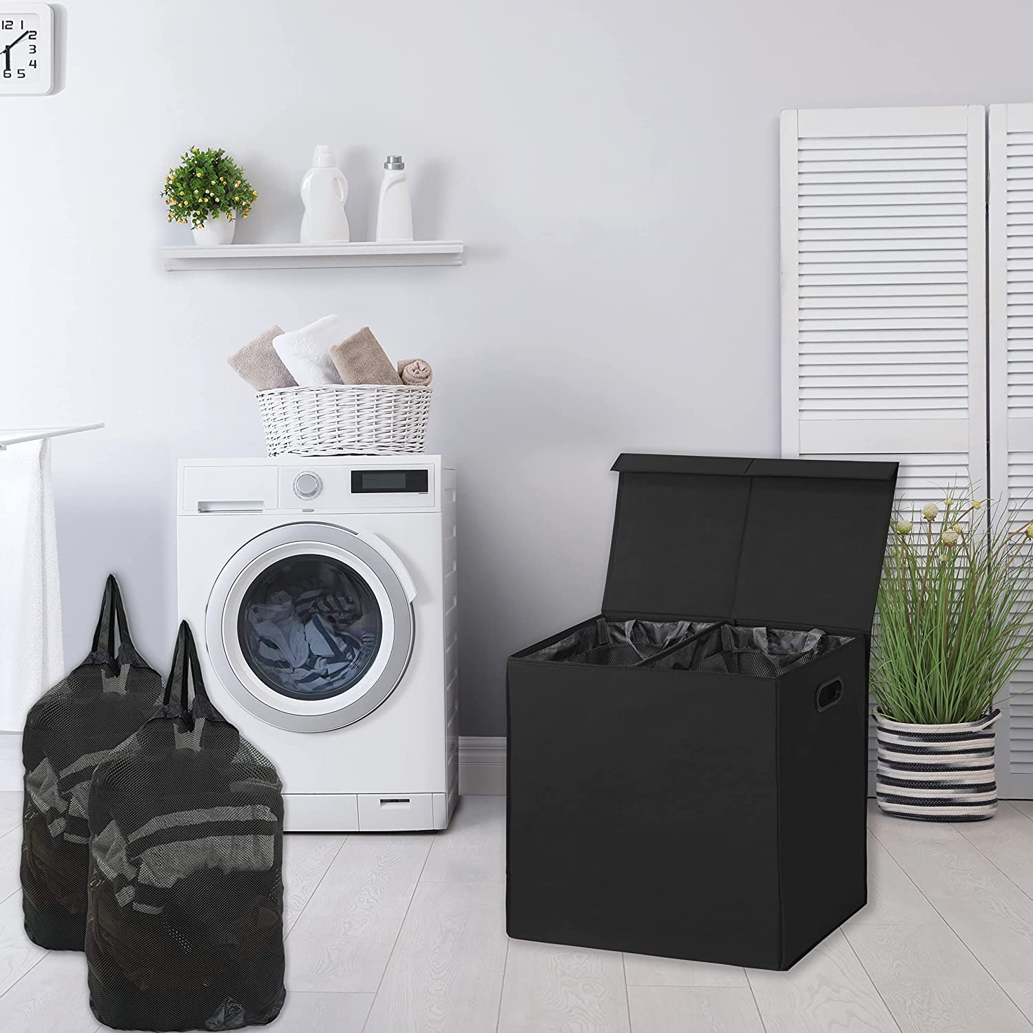 Simple Houseware 110L Double Laundry Hamper with Lid, Handle and Removable Laundry Bags, Black