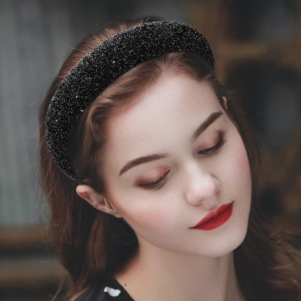 Black Rhinestone Padded Sequin Diamond Glitter Sparkle Jeweled Bling Headbands for Women'S Hair - Black image number 5