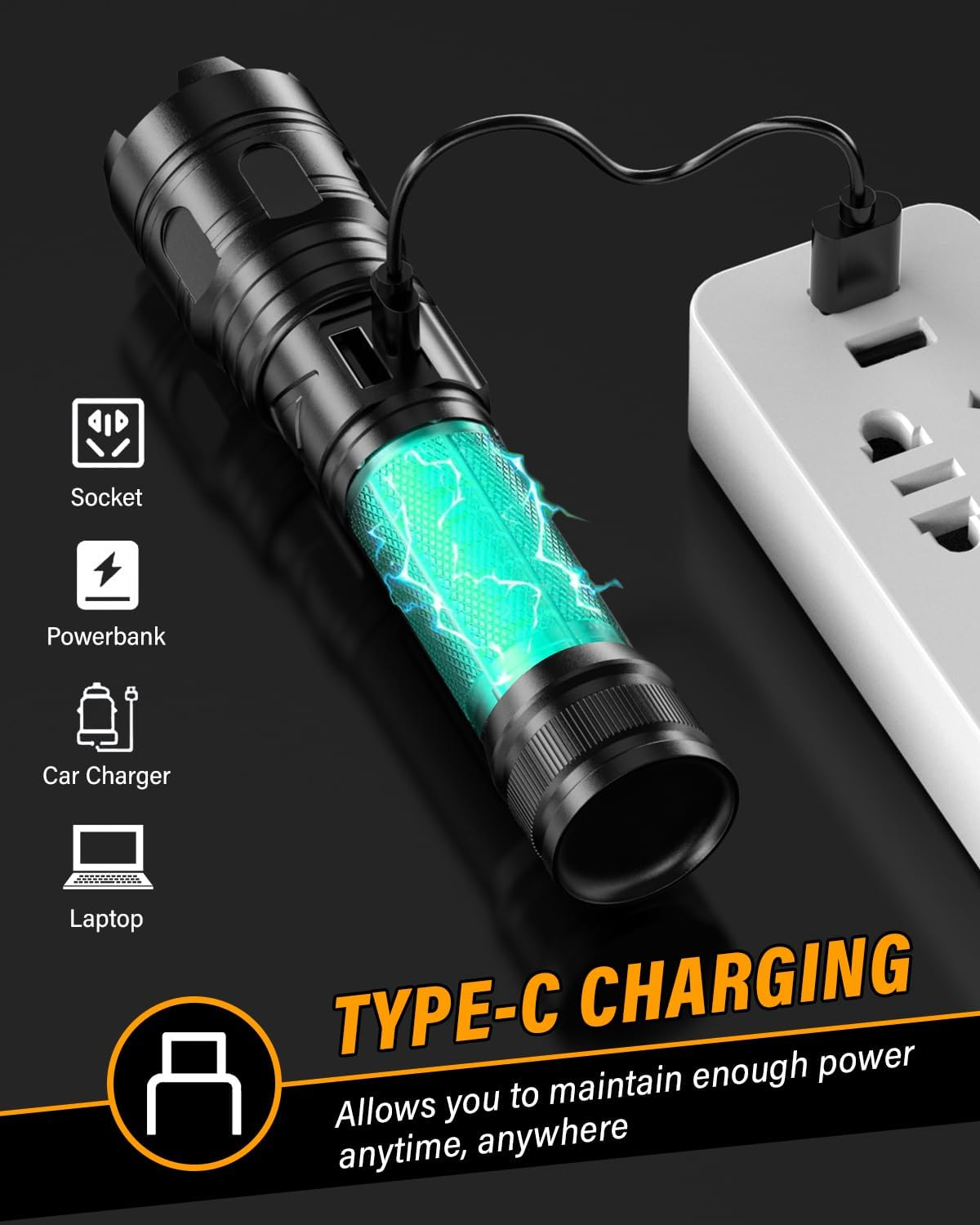 Professional Powerful LED Torch, 500000 Lumens, Rechargeable LED Flashlight with 5000 Mah Battery, Zoomable 5 Modes Military Torch, IP67 Waterproof Tactical Flashlight AK-01 (Black) image number 5