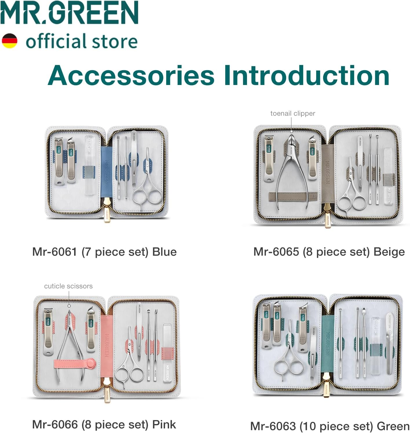 MR.GREEN Fashion Imprint Manicure Sets Professional Nail Clipper Set Personal Care Tool Kits Nial Cutter Gift with Leather Case (Green(10Pcs Set)) image number 6