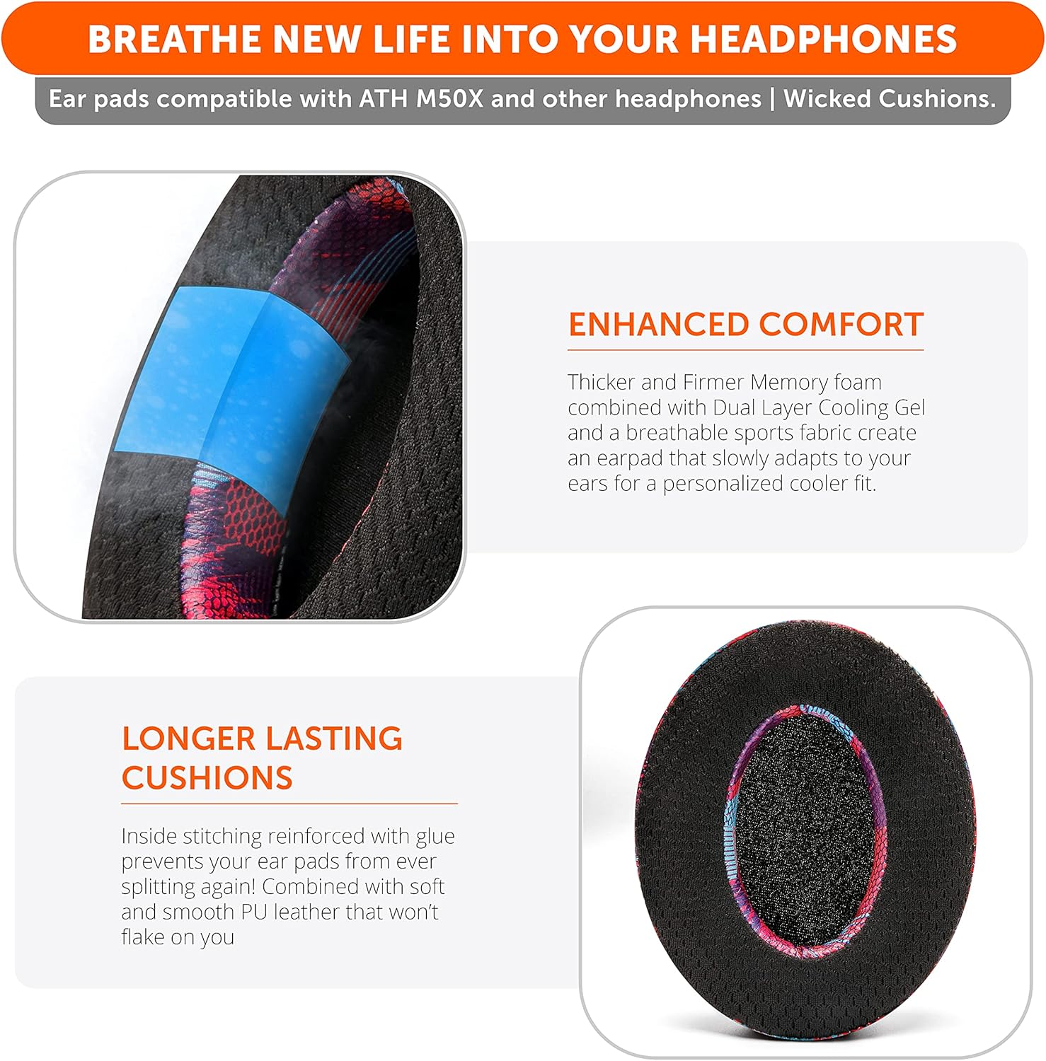 WC Freeze Hybrid Fabric Cooling Gel Replacement Earpads - Compatible with Hyperx Cloud, Steelseries Arctis, ATH M50X, Turtle Beach Stealth & More - Comfortable & Cooler for Longer | Speed Racer image number 2