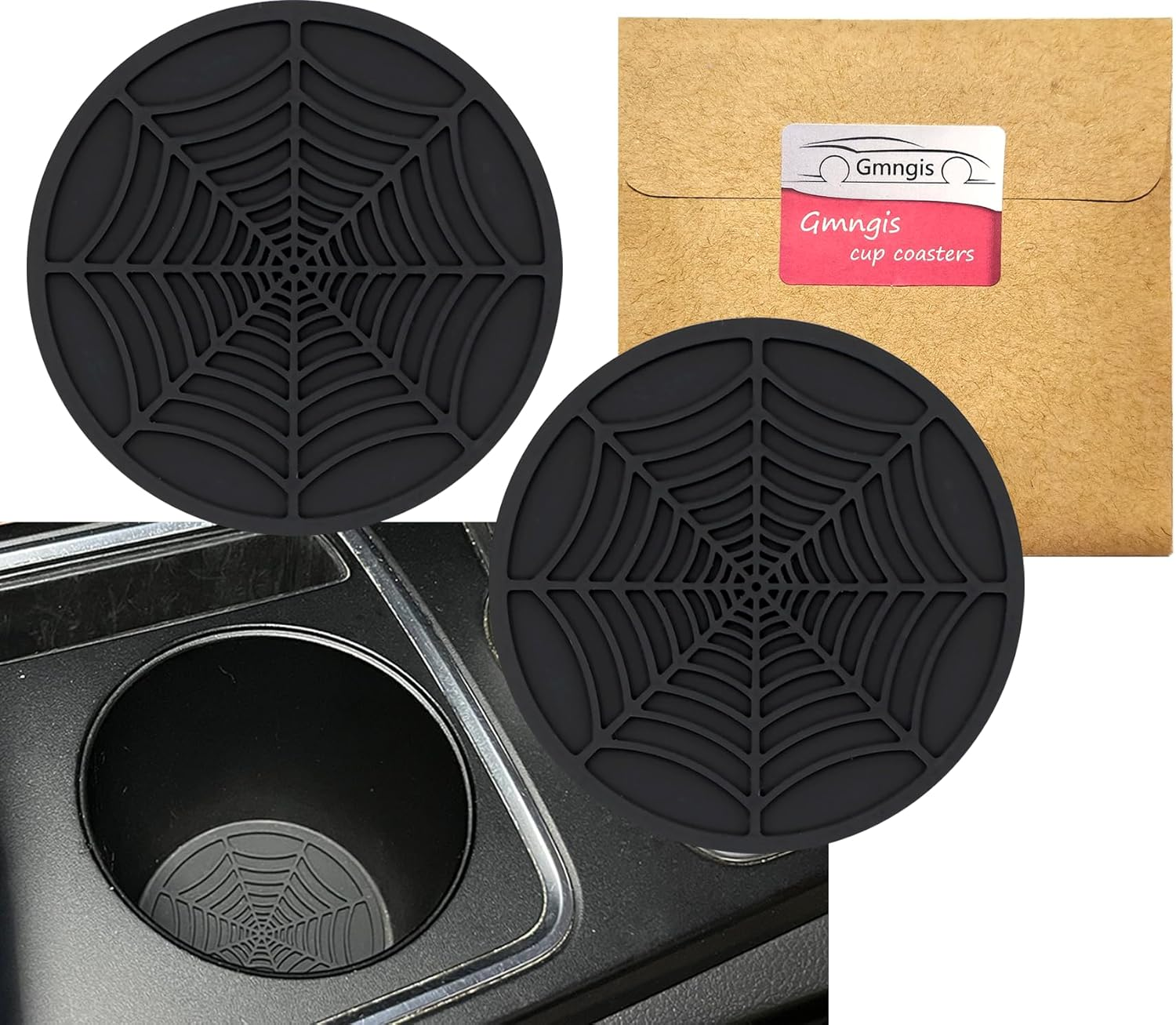 Car Cup Holder Coaster, 2 Pack Universal Auto anti Slip Cup Holder Insert Ornaments Coaster, Durable, Suitable for Most Car Interior Accessories (Red-Spider Web-2Pack)