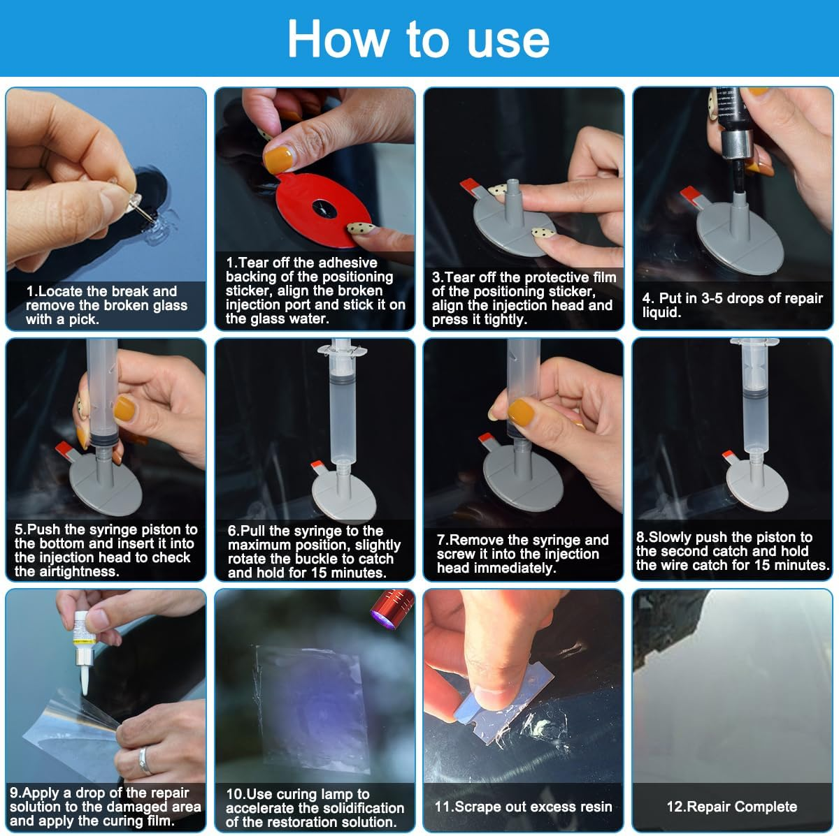 Yucool Car Windshield Repair Kit 4 Pack,Glass Chip Repair Kit,Fix Chips, Cracks & Star-Shaped Damage Fast with Enhanced Injection Head image number 6