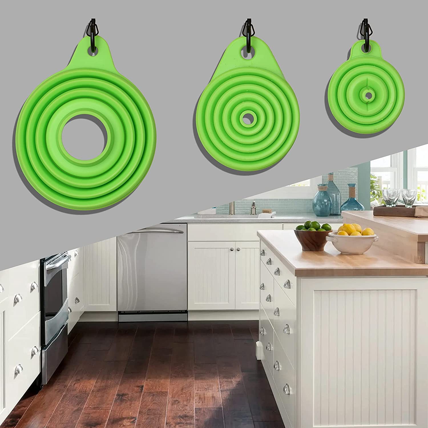 3 Sizes of Silicone Collapsible Funnel Set for Filling Bottles,Yenghome Small and Large Kitchen Gadgets Foldable Funnel for Water Bottle Liquid Transfer（14.5Cm 11Cm 7.6Cm Length） image number 1