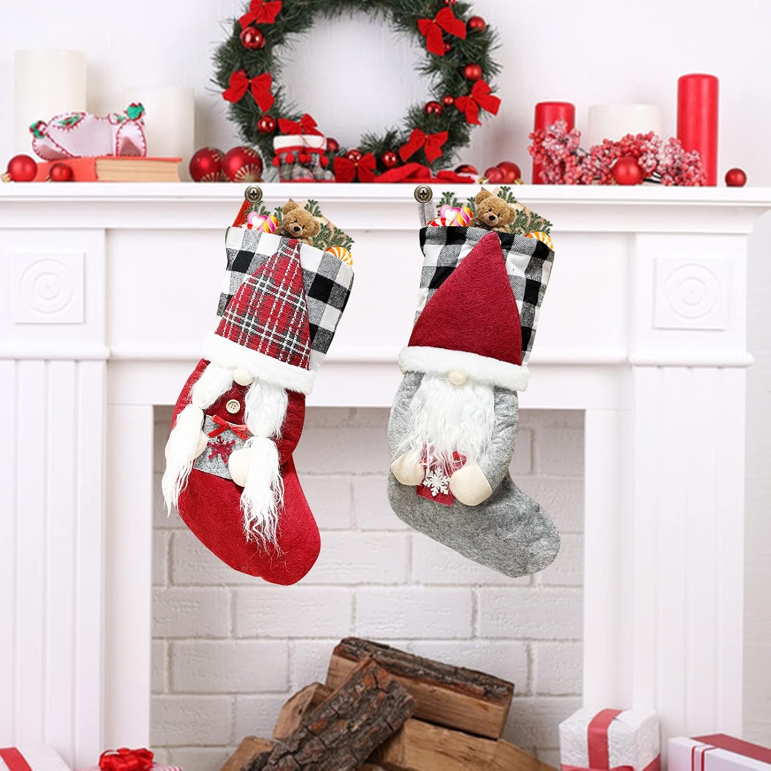 Meajore 2 Pcs Christmas Stockings New Set, 3D Gnomes Santa Christmas Stockings Personalized (18Inch) Soft Classic Red and Grey Fireplace Hanging for Family Holiday Xmas Party Decorations - Elk+Deer Head image number 2