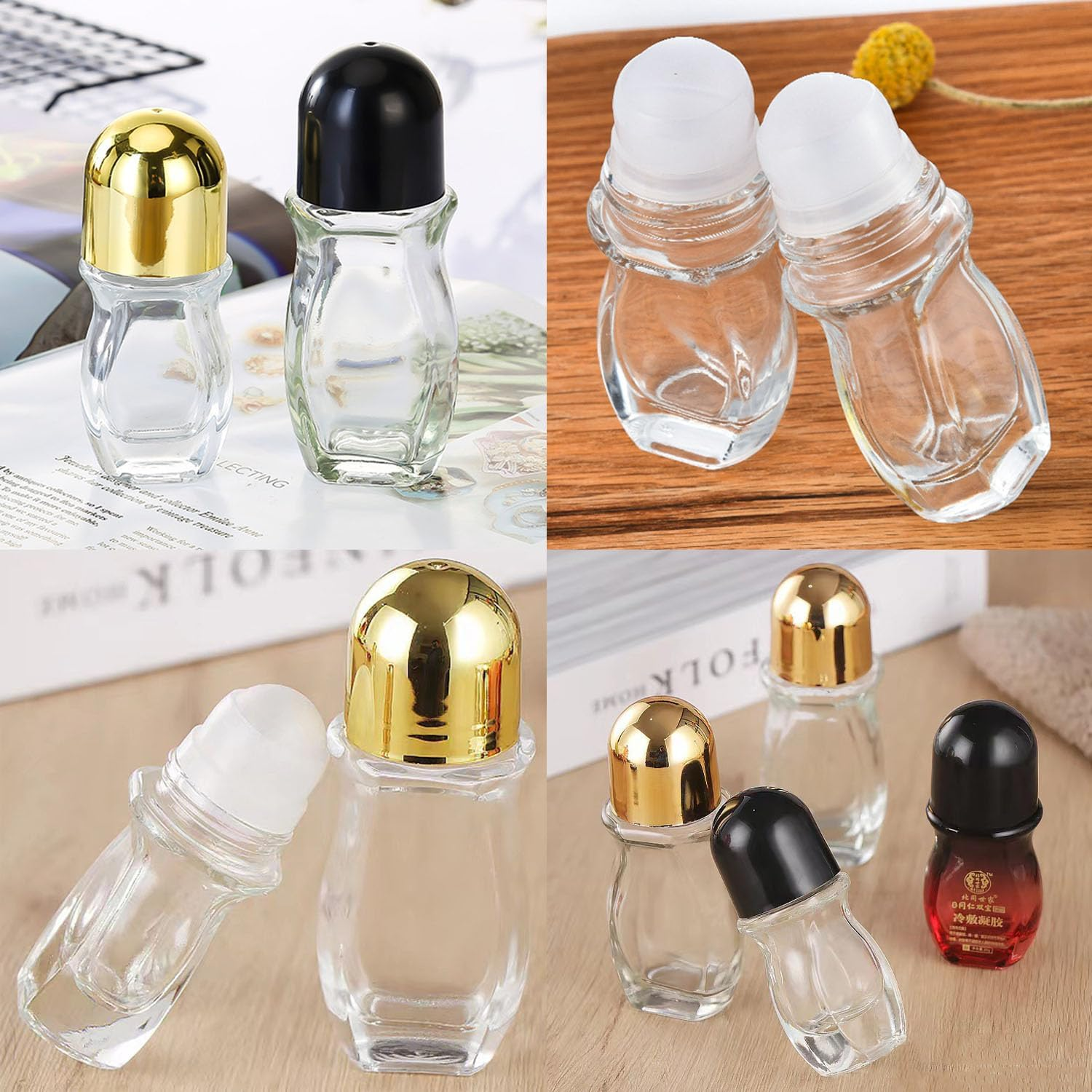 Taicols Glass Roller Bottles, 5 Pcs Empty Clear Glass Roll-On Bottles with Roller Ball, Deodorant Essential Oils Roller Vial Jars/Bottles, Essential Oil Roller Bottles (Gold(50Ml)) - Black(30Ml) image number 6