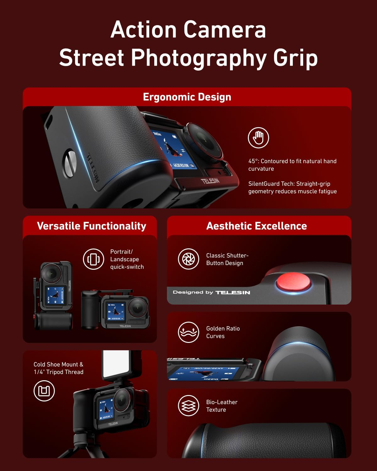 TELESIN Metal Aluminum Alloy Street Photography Camera Grip Holder for DJI OSMO Action 5 Pro/Action 4/Action 3,Patented Seesaw Shutter Button, Ergonomic, Pro-Level image number 4