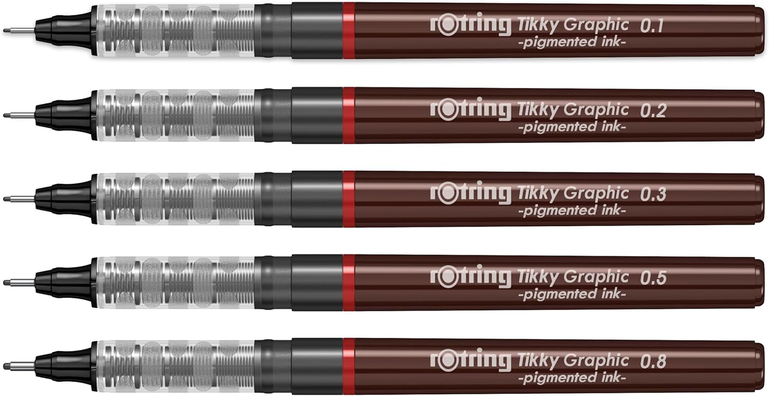 Rotring 0.1Mm, 0.2Mm, 0.3Mm, 0.5Mm, 0.8Mm Line Thickness Tikky Graphic Fineliner with Black Pigmented Lightfast and Water Resistant Ink for Long Life Drawings, Sketching, Non-Refillable, 5 Pen Set image number 5