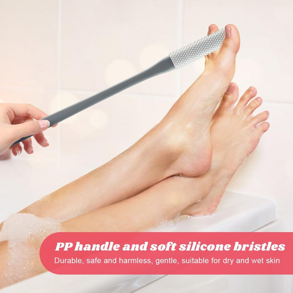 Toe Cleaning Brush with Long Handle, 4Pcs 15.7" Toe Cleaning Brush with 1 Double Side Foot File, Foot Brush Toe Scrubber for Seniors Elderly Men and Women(Color:Pink, Grey, White) image number 3