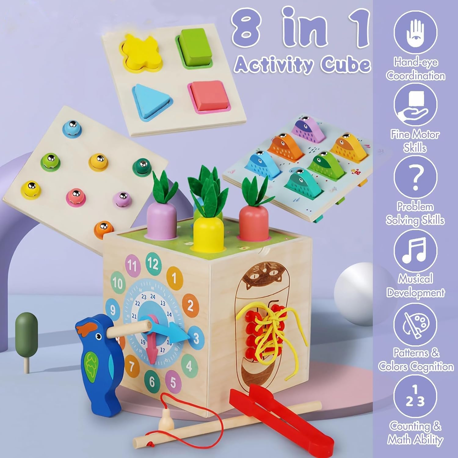Wooden Activity Cube, 8-In-1 Shape Sorter Toy for Toddlers 1-3, Sensory Play Center with Shape Sorting Box Magnetic Fishing Spinners Educational Developmental Toy for Babies 6-12 Months image number 3