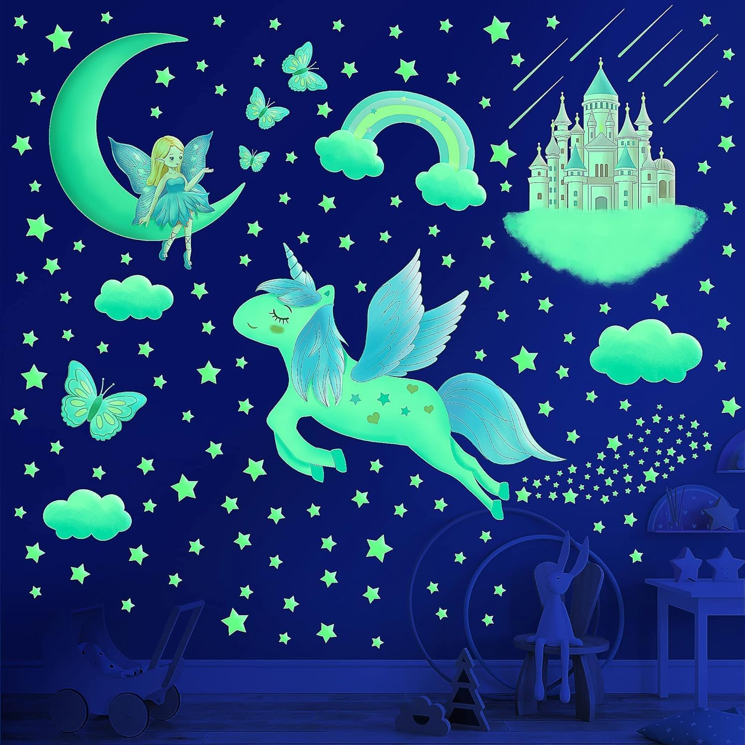 Glow in the Dark Stars for Ceiling,Unicorn Wall Decals Stickers for Girls Bedroom Glow in the Dark Stickers Vinyl Unicorn Castle Room Wall Decor for Baby Kids Girls Nursery Playroom Mural image number 4