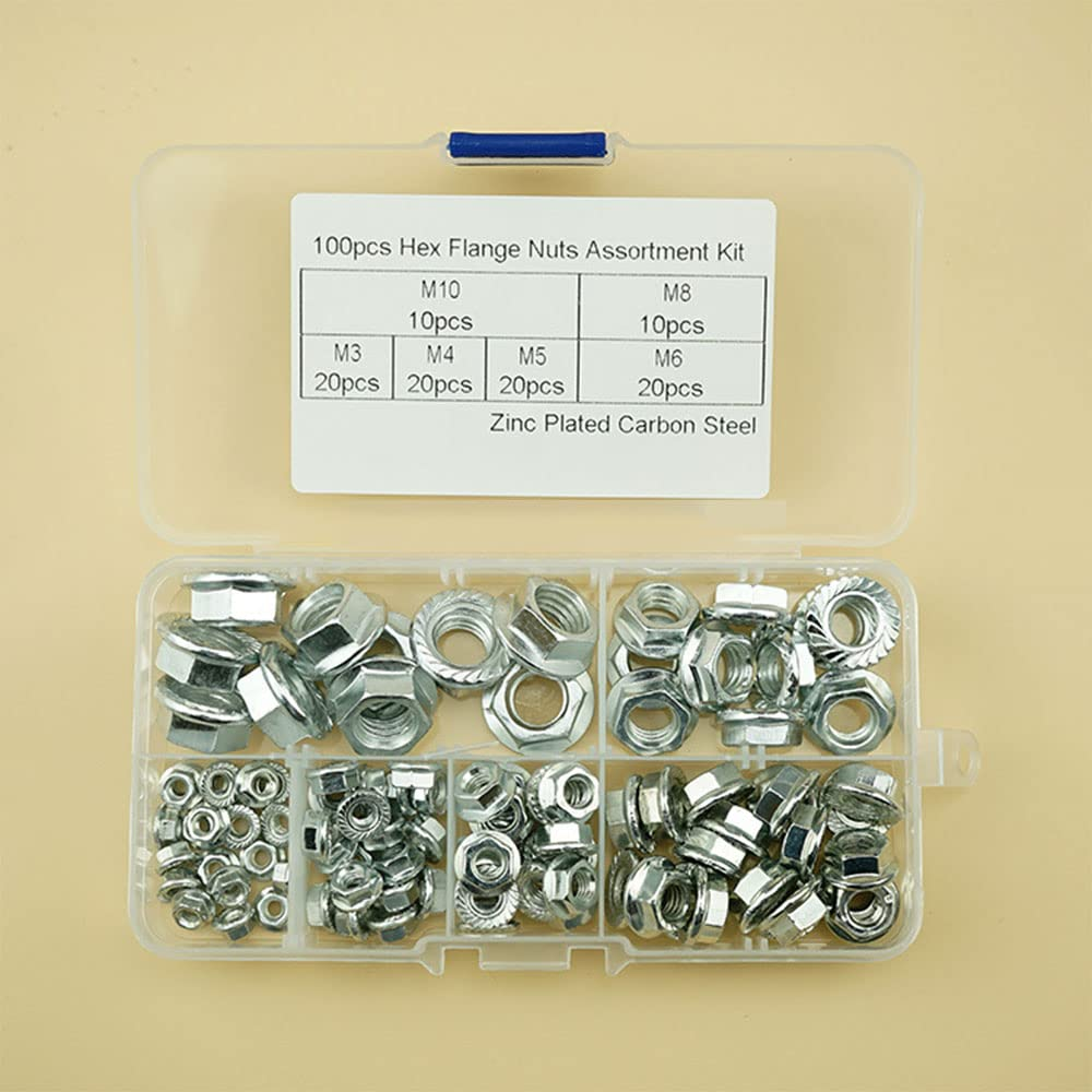 M3-M10 100 PCS Hex Flange Nuts Sets, Hex Carbon Steel Zinc Serrated Threaded Nuts Kit Flange Locknuts Assortment Kits image number 3
