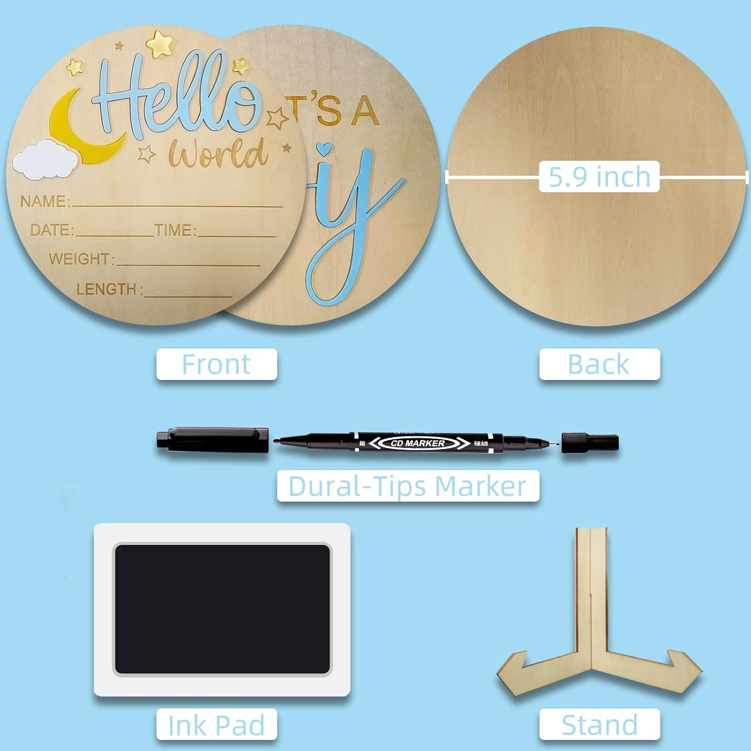 2Pcs Baby Announcement Sign Set, 5.9 Inch Hello World Newborn Sign and IT&rsquo;S a Boy Welcome Signs, Baby Name Sign with Ink Pad for Hand & Footprints, 3D Wooden Birth Gifts for Hospital Shower Nursery