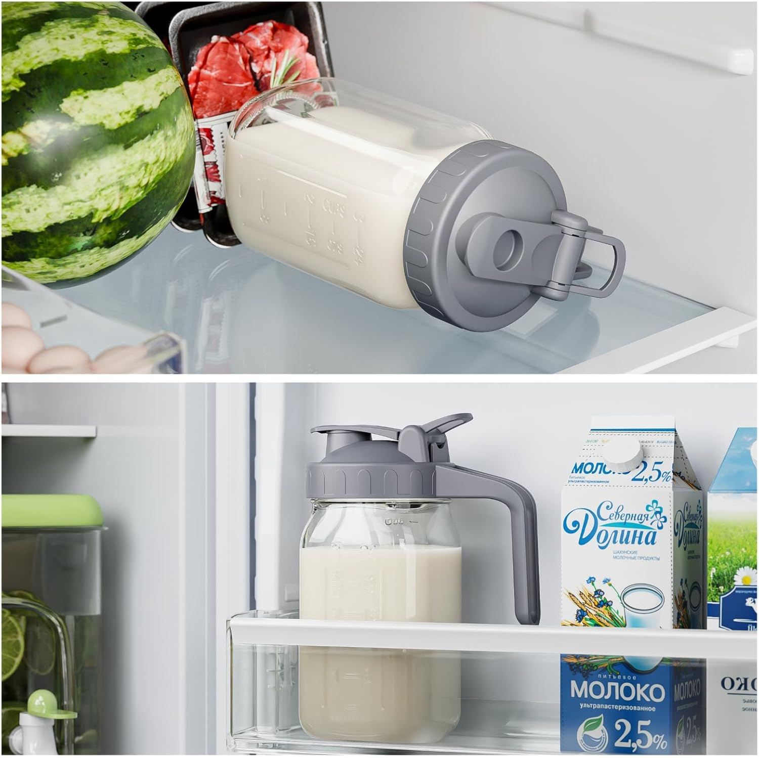 950ML Glass Pitcher with Lid, Breast Milk Pitcher Jug, Glass Mason Jar Airtight Pitcher with Pour Spout Handle for Breastmilk image number 3