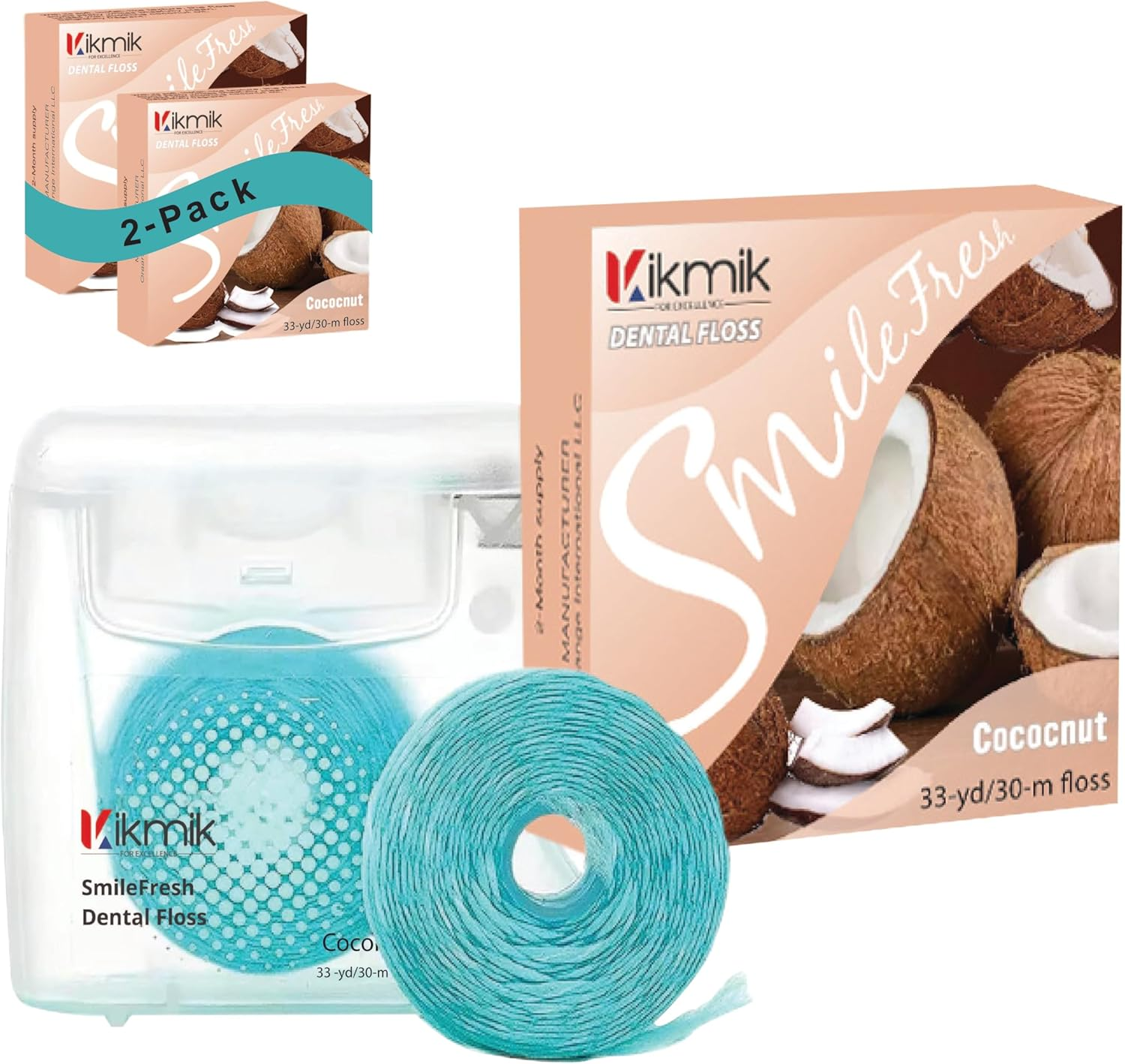 Kikmik Woven Dental Floss - 2 Pack Coconut Floss, Shred Resistant, Extra Wide Woven Floss Dental, Gentle on Gums, Effective Plaque Removal Smilefresh Floss, 33 Yards 30 M Each - Pack of 2. image number 1
