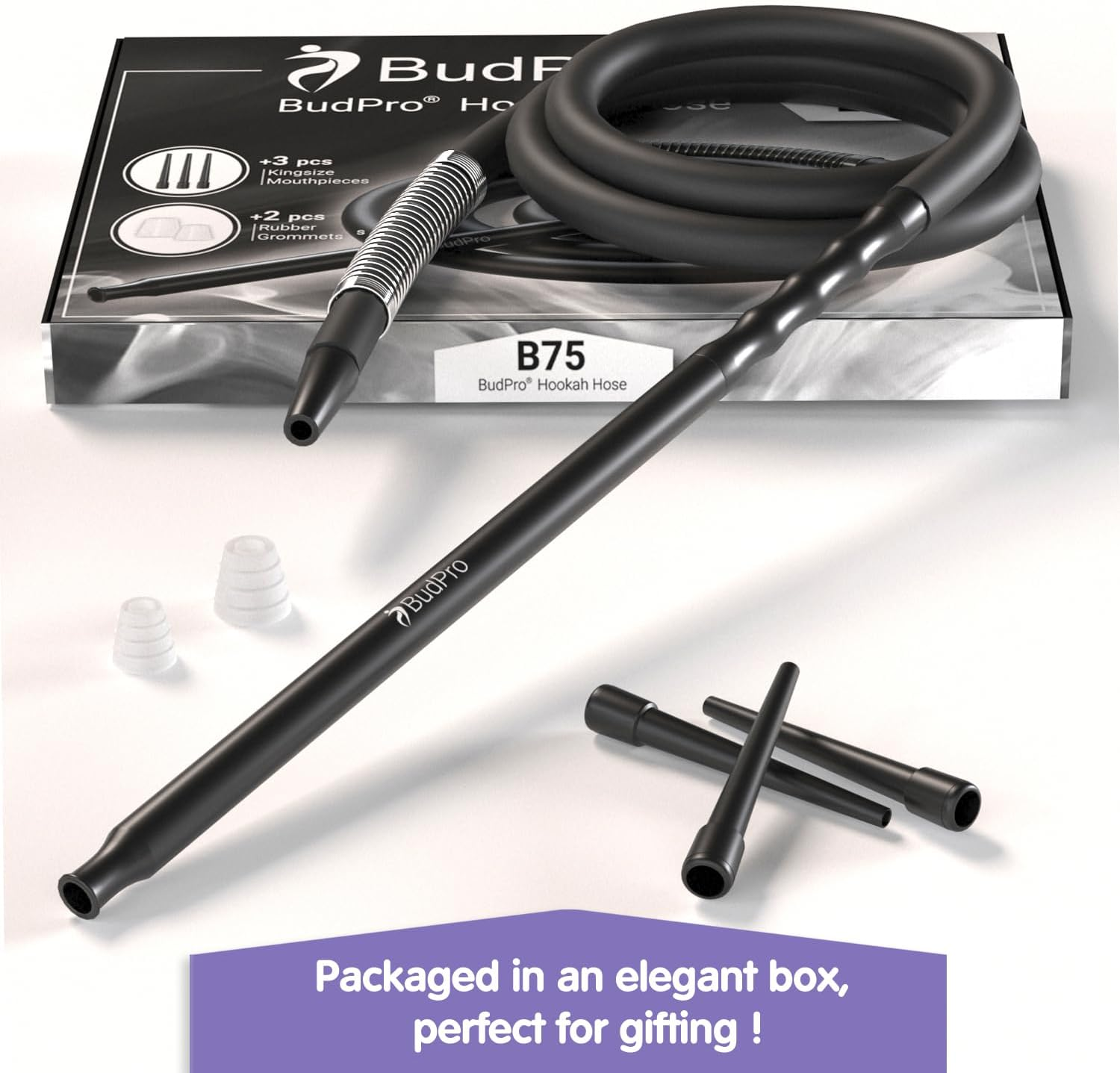 Budpro Long Silicone Hookah Hose B75 190Cm with Aluminum Handle and Spring to Prevent Hookah Hose Flexion image number 1