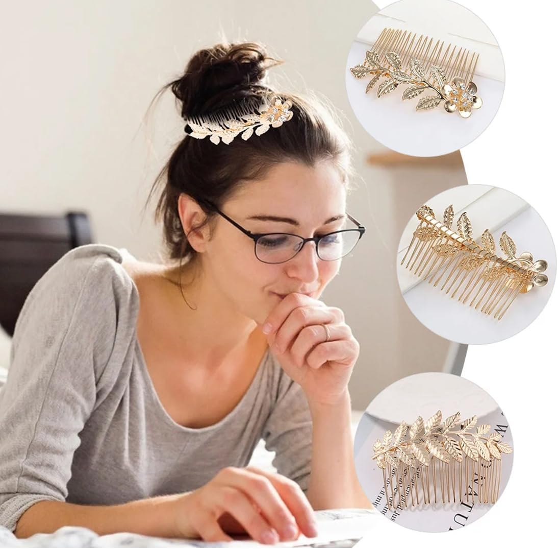 3 Pieces Hair Combs, Vintage Metal Hair Comb, Side Hair Combs, Decorative Bridal Leaf Clips, Golden French Twist Hair Comb for Women image number 2