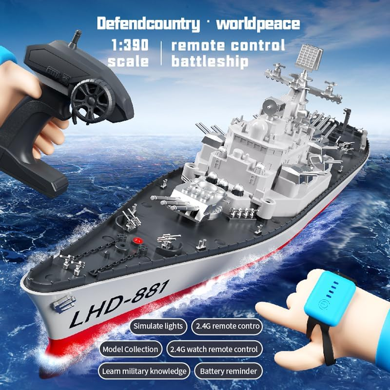 23.6" Inch Remote Controlled Warship Battleship10Km/H 4WD 2.4G RC Controlled Ship 1:390 Scale on Water Lakes Pools Exhibits Models image number 1