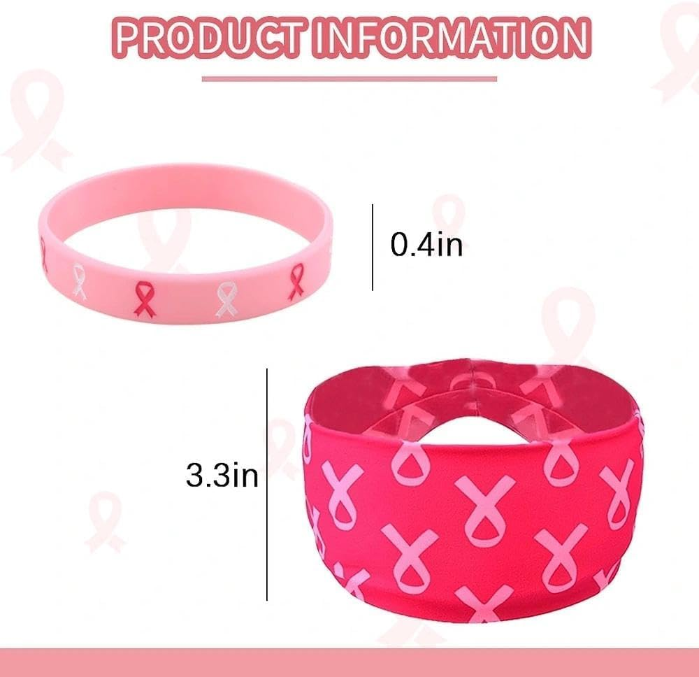 Breast Cancer Awareness Headbands Bracelet Set for Women Pink Ribbon Wristband Hair Band for Breast Cancer Month Events