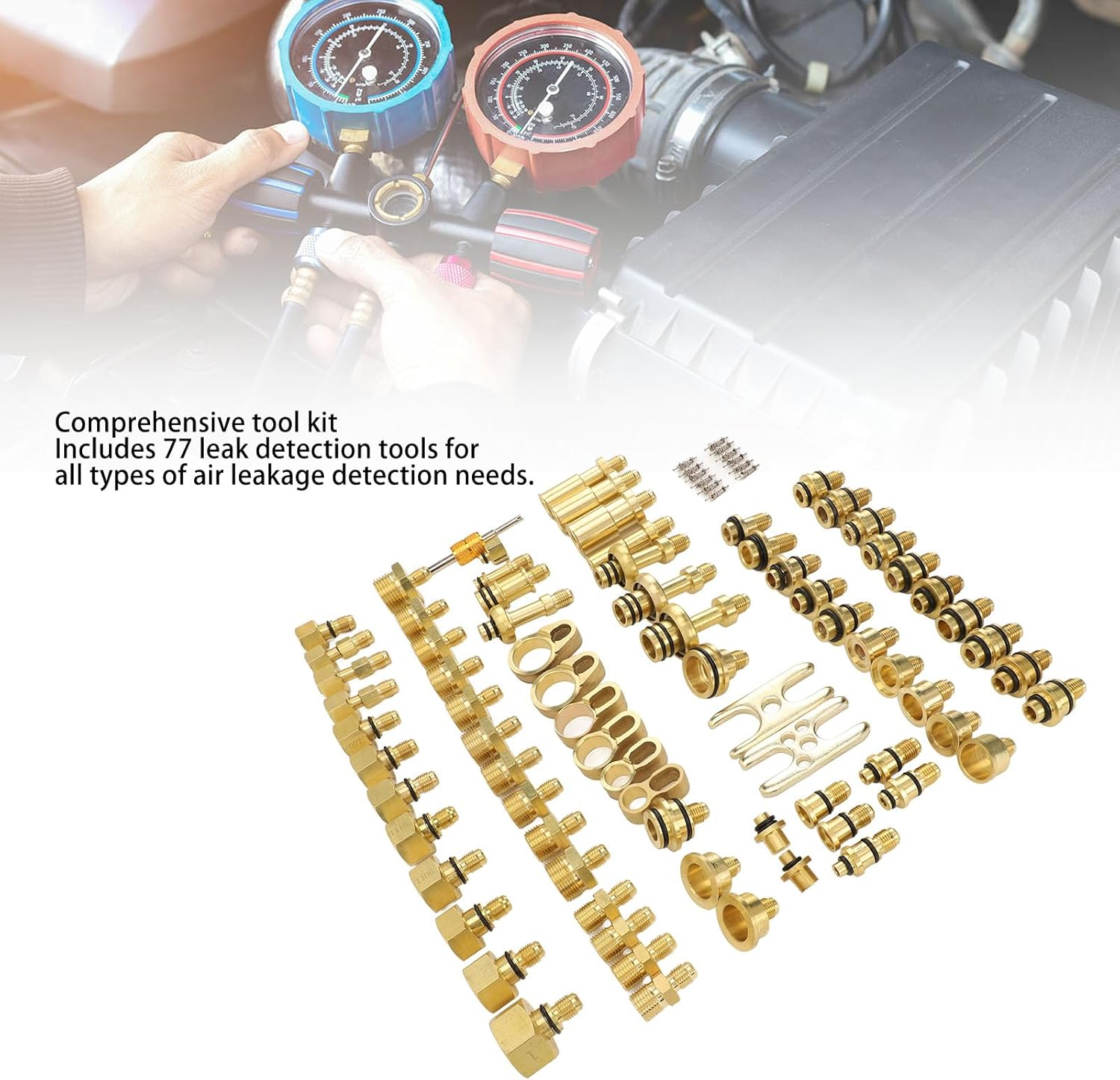 77Pcs Automotive Air Conditioning Test Kit, Brass AC Detection Tools Repair Kit for Car Truck Auto AC Compressor image number 1