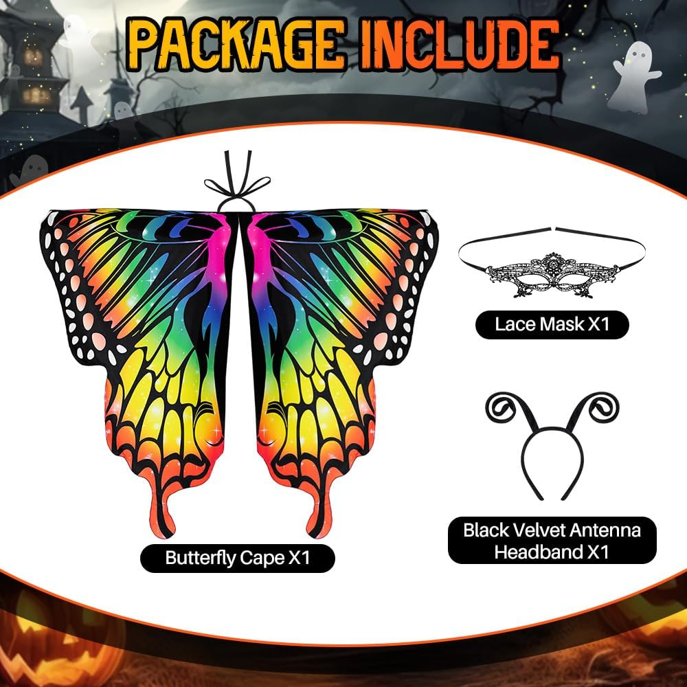 AUTOWT Halloween Butterfly Costume for Women, Adult Butterfly Wings Shawl with Masquerade Mask & Antenna Headband Kit for Ladies Cosplay Animal Avatar Photo Shoot Dress-Up Party Book Week