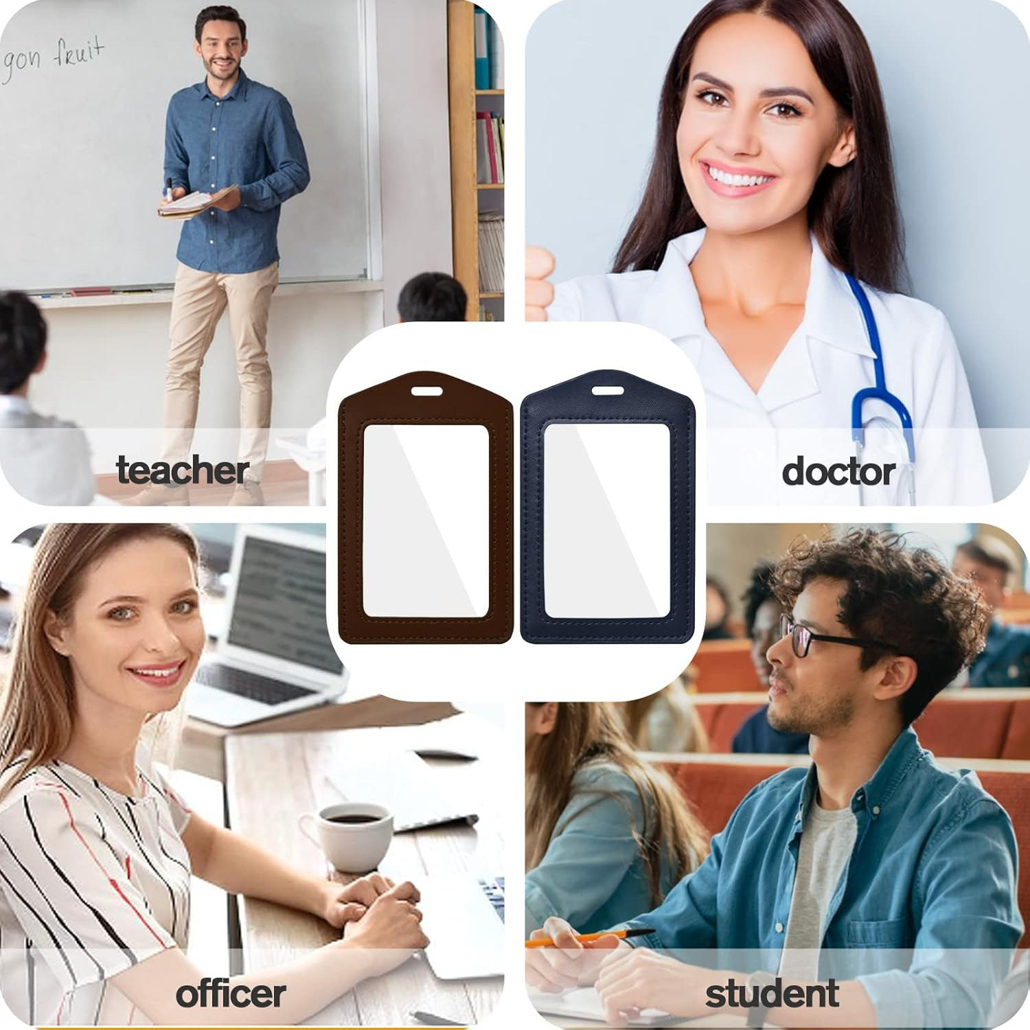 2 Pack Genuine Leather ID Badge Holders, Vertical ID Card Holders with Dual-Side Clear Window, Waterproof Name Badge Holde Suit for Office, Staff, Students, Employees(Blue&Coffee) - Style 2 image number 5