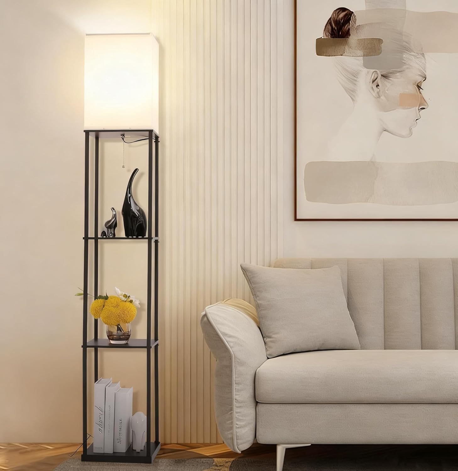 WAMBORY Floor Lamp with Shelves,Modern Square Standing Lamp with 3 Color Temperature Bulb, Corner Display Bookshelf Lamp with White Linen Shade,Shelf Floor Lamp for Living Room and Bedroom (Modern) image number 3